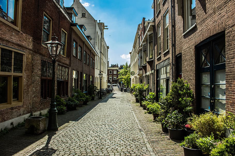 houses, clouds, street, buildings, architecture, bricks, daylight HD wallpaper