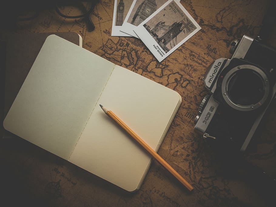 open blank notebook page with pen beside camera, old, retro, antique, HD wallpaper