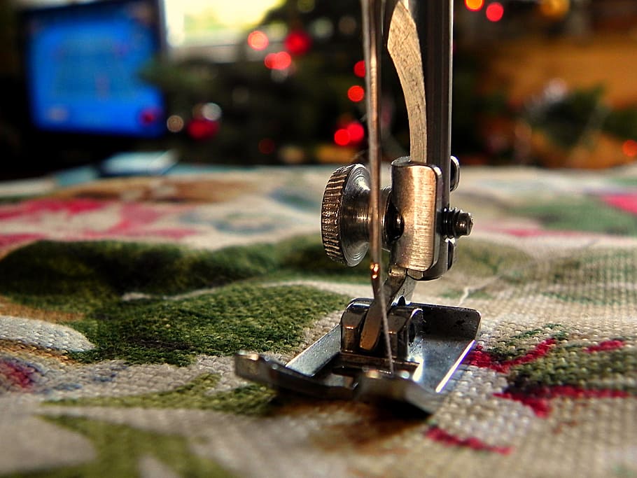 Silver Sewing Machine, close-up, cloth, needle, thread, no people