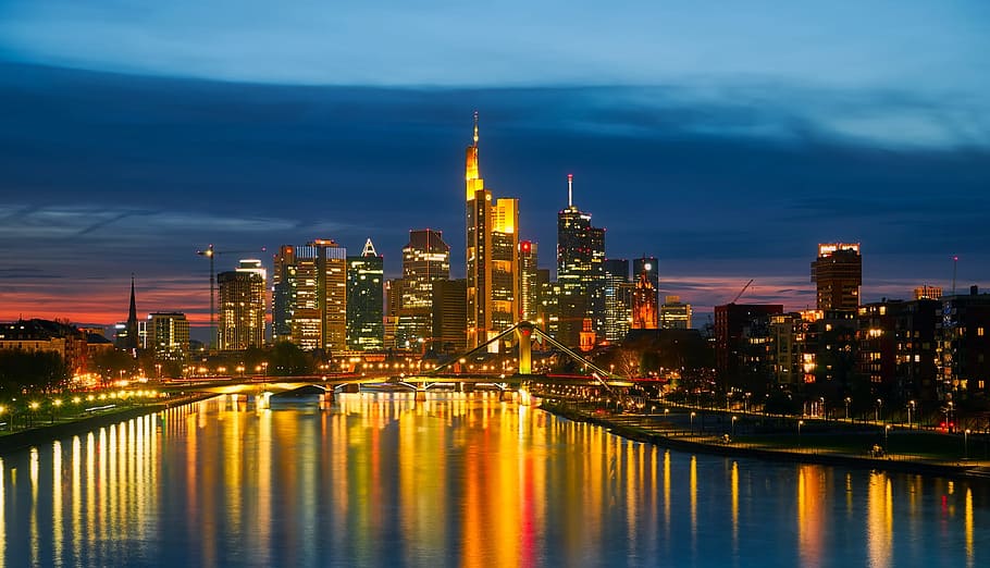 city, sky, landmark, lights, architecture, bay, bridge, buildings HD wallpaper