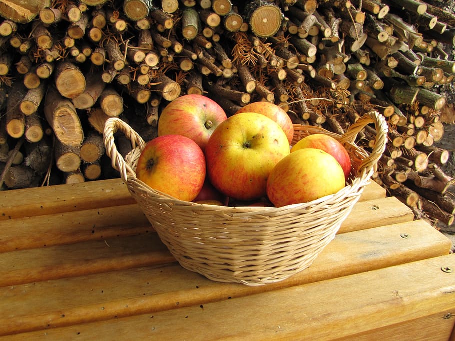 apple, firewood, autumn, healthy eating, food and drink, container HD wallpaper