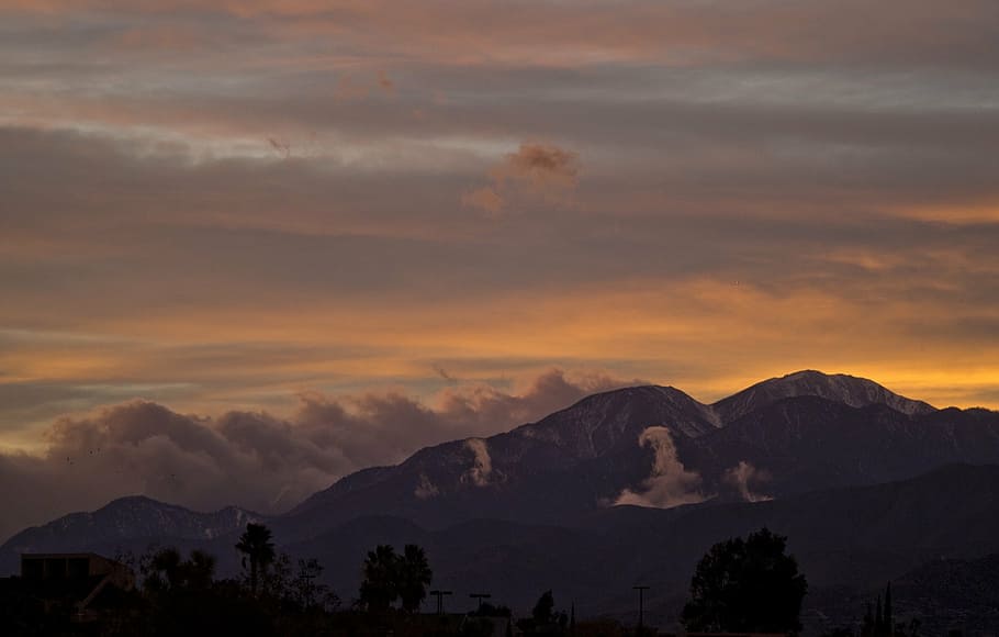 sunset, mountains, scenic, landscape, silhouettes, clouds, sky, HD wallpaper