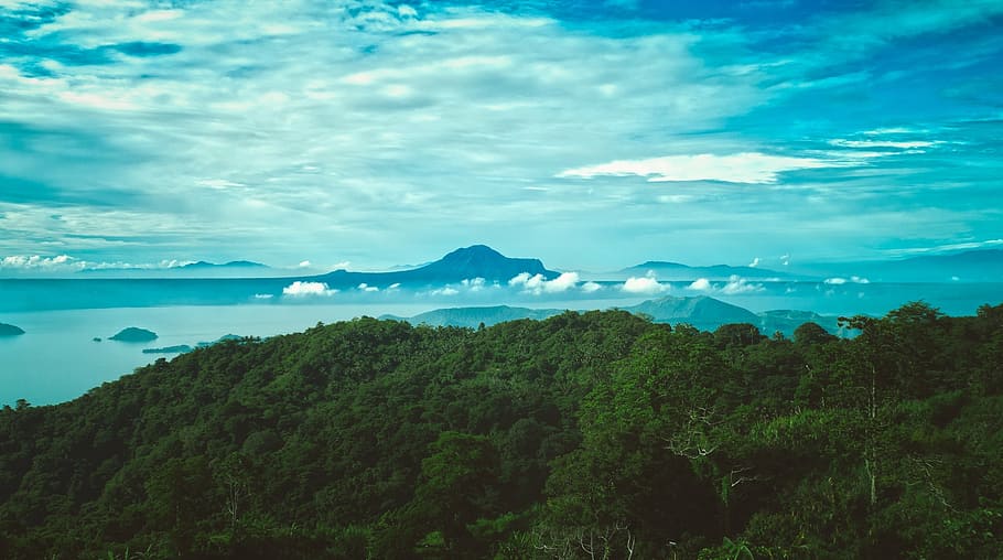 green mountain top photo, landscape, blue, sky, trees, mountains HD wallpaper