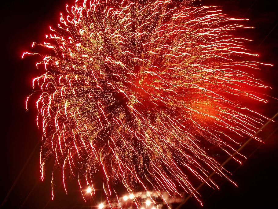 red fireworks, celebration, rocket, night, illuminated, motion HD wallpaper