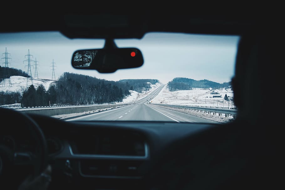 gray concrete road from windshield view, driving, car, winter HD wallpaper