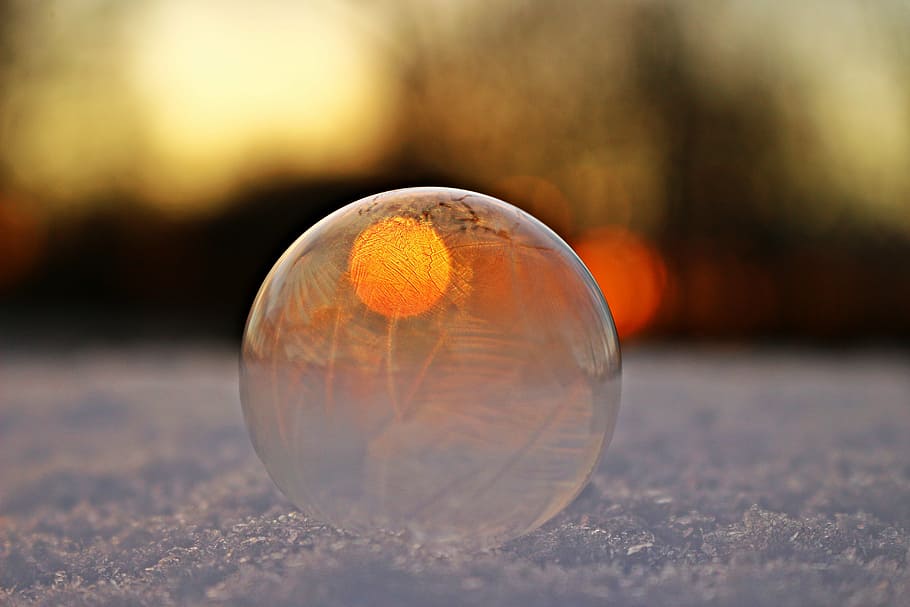 shallow focus photography of freeze bubble, soap bubble, frozen HD wallpaper