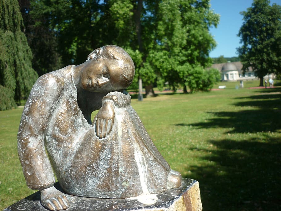 park, sculpture, rest, thinking, statue, art and craft, plant HD wallpaper