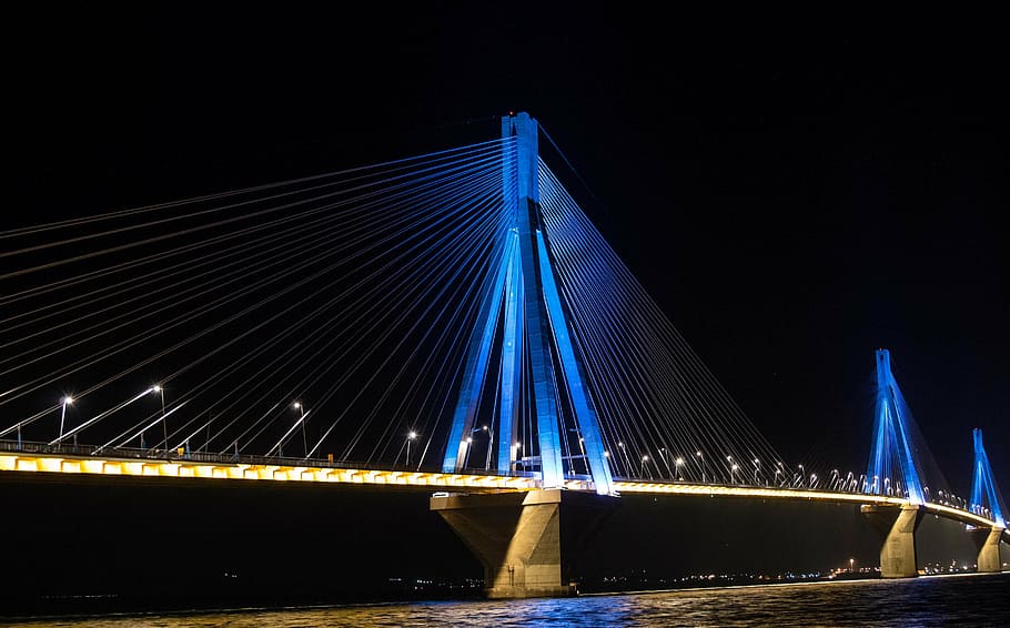 white and blue bridge with lights during nighttime, landscape, HD wallpaper