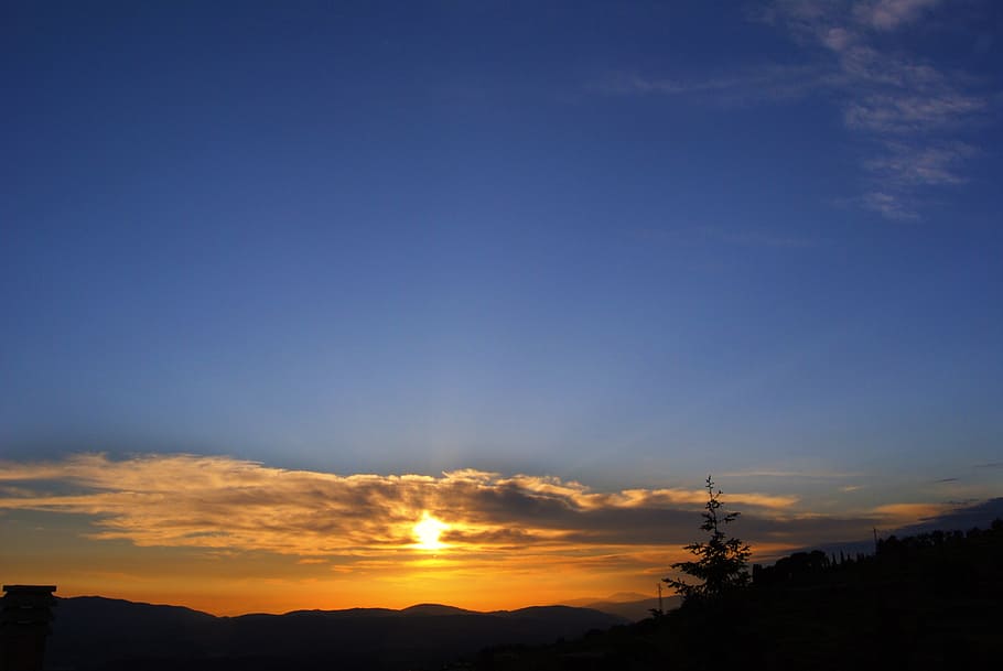sunset, sky, bue, orange, sunrise, dawn, dusk, evening, horizon HD wallpaper