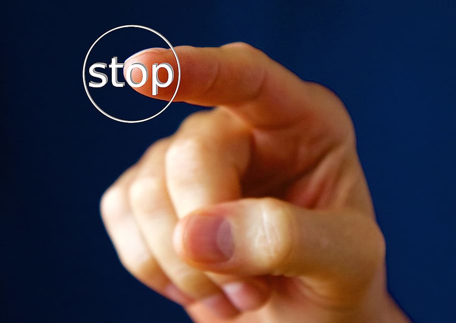 person's right hand with stop text overlay, finger, button HD wallpaper