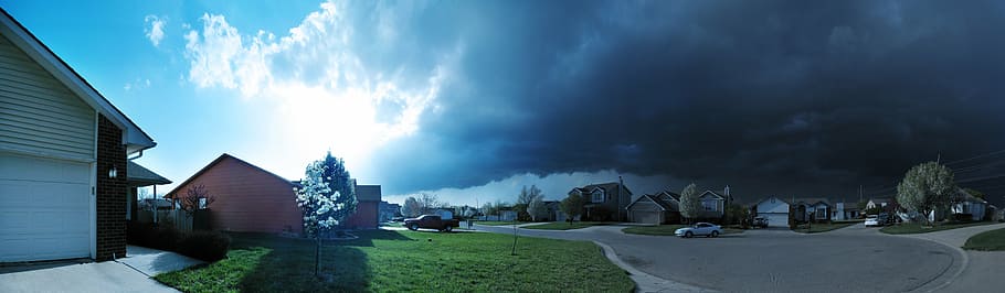 houses under gray clouds, weather, storm, panorama, sky, thunderstorm HD wallpaper