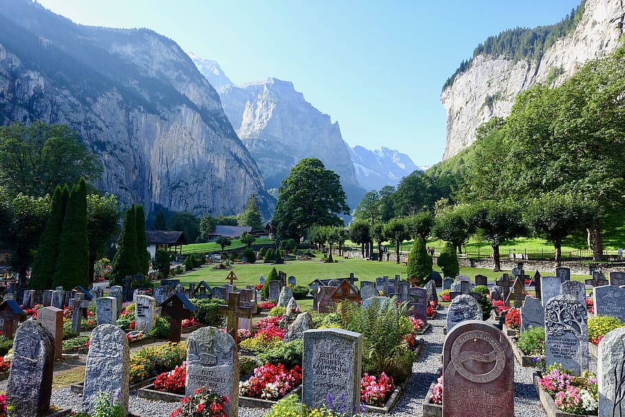 cemetery, lauterbrunnen, alps, switzerland, panorama, massif, HD wallpaper
