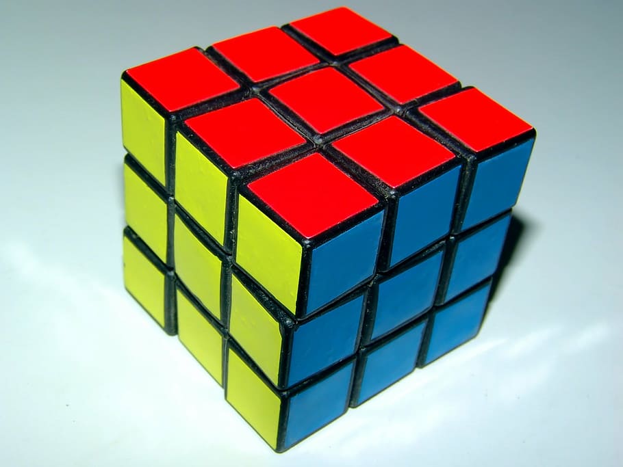 rubik' cube, red, yellow, blue, toy, geometric shape, cube shape HD wallpaper