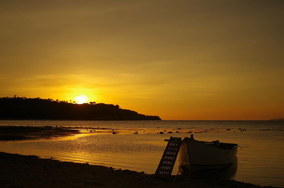 sunset, sea, beach, nature, nautical Vessel, dusk, summer, coastline HD wallpaper