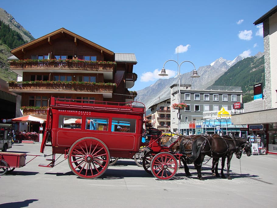 carriage, coach, mountains, switzerland, zermatt, red, horses, HD wallpaper