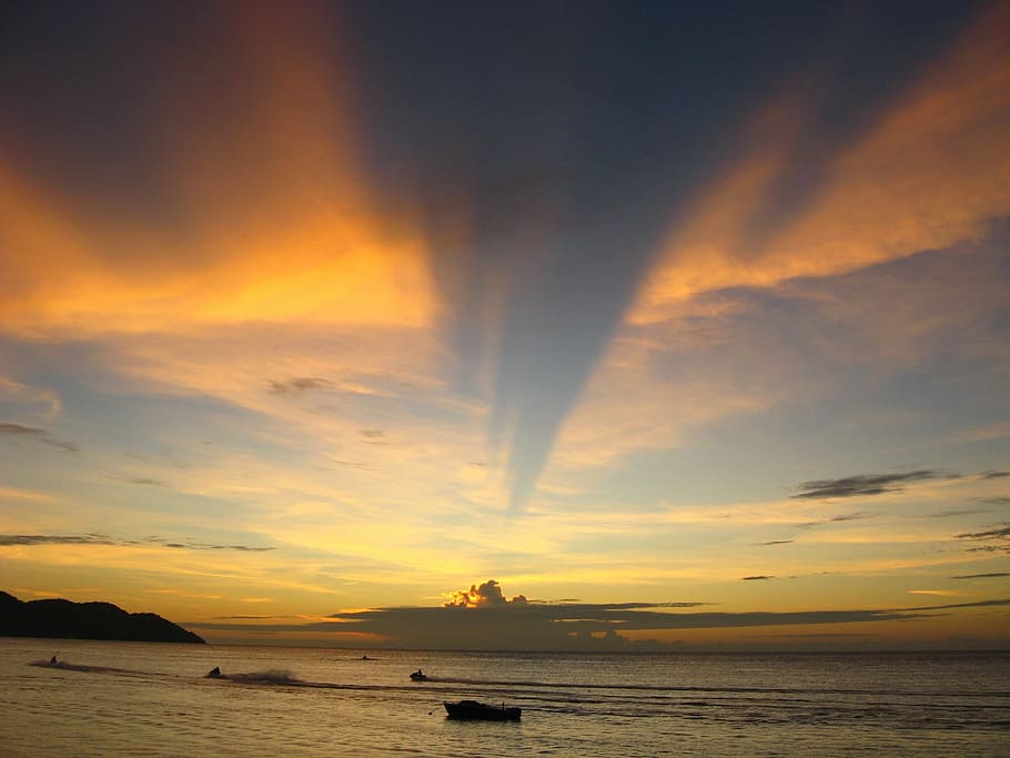 sunset, beach, ocean, orange, sky, evening, boat, water, sea HD wallpaper