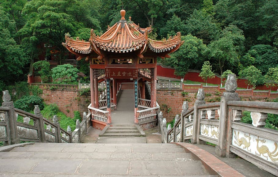 red concrete building near trees at daytime, bridge, leshan HD wallpaper