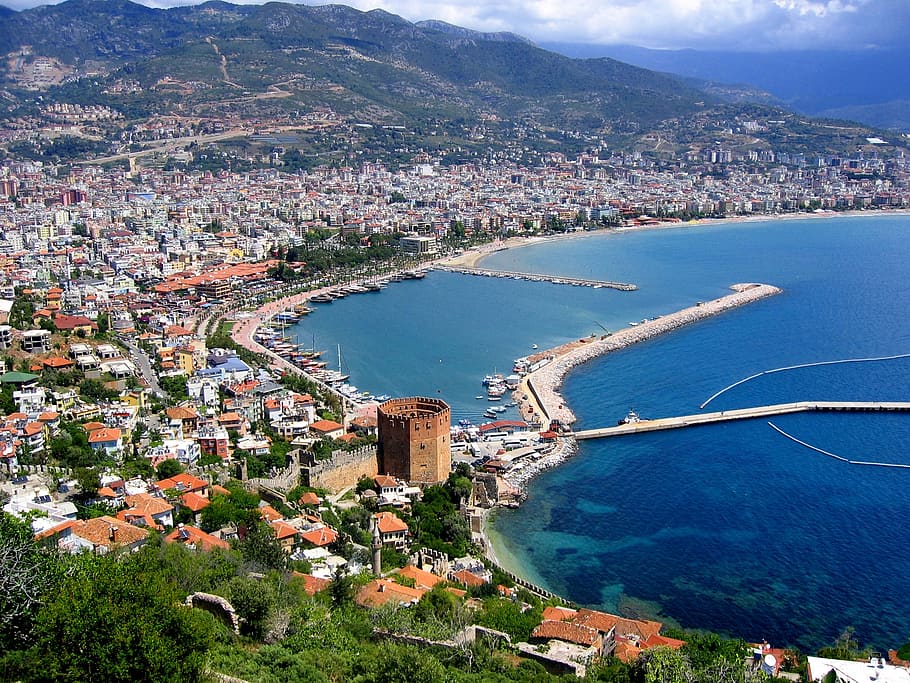 alanya, port, turkey, fortress, castle, coast, boat, mediterranean, HD wallpaper