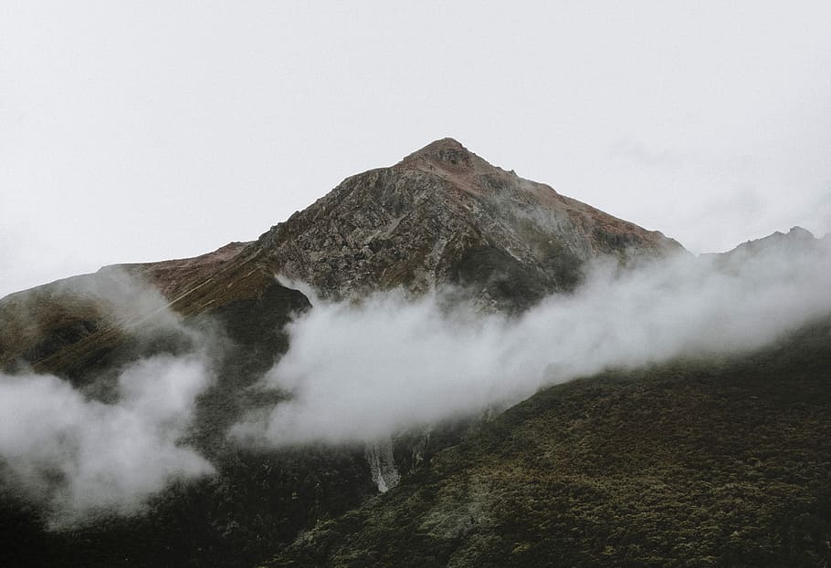 Foggy Peaks, green plant-covered mountain during foggy day, summit HD wallpaper