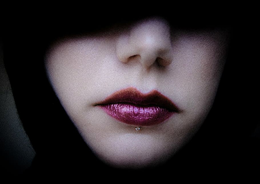 person wearing purple lipstick with silver lip piercing, mouth HD wallpaper