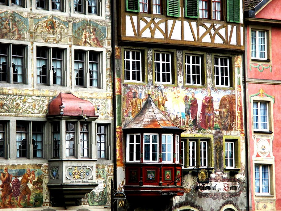 Facade, homes, fassadenmalerien, bay window, stein am rhein, HD wallpaper