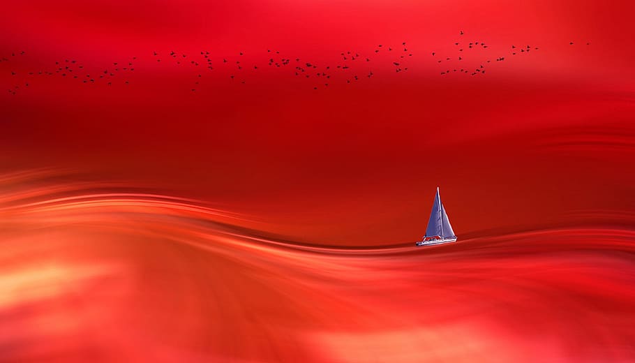 blue boat floating on red water painting, smooth, shiny, bright