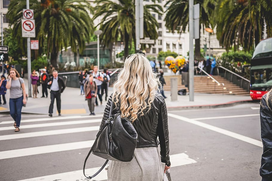 Young Blonde Walking Towards Union Square in SF, city, fashion
