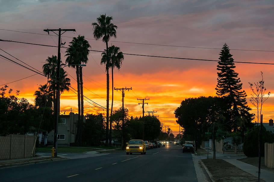 car moving on the road, sunset, street, los angeles, california, HD wallpaper