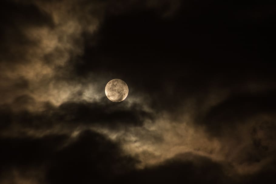 full moon surrounded by black clouds, white, cloudy, sky, dark, HD wallpaper