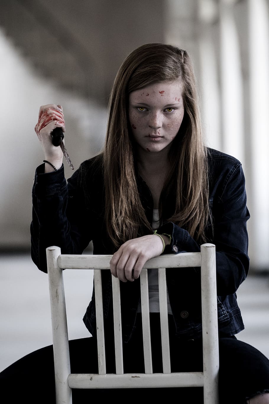 woman holds knife while sitting in chair, nothing, something HD wallpaper