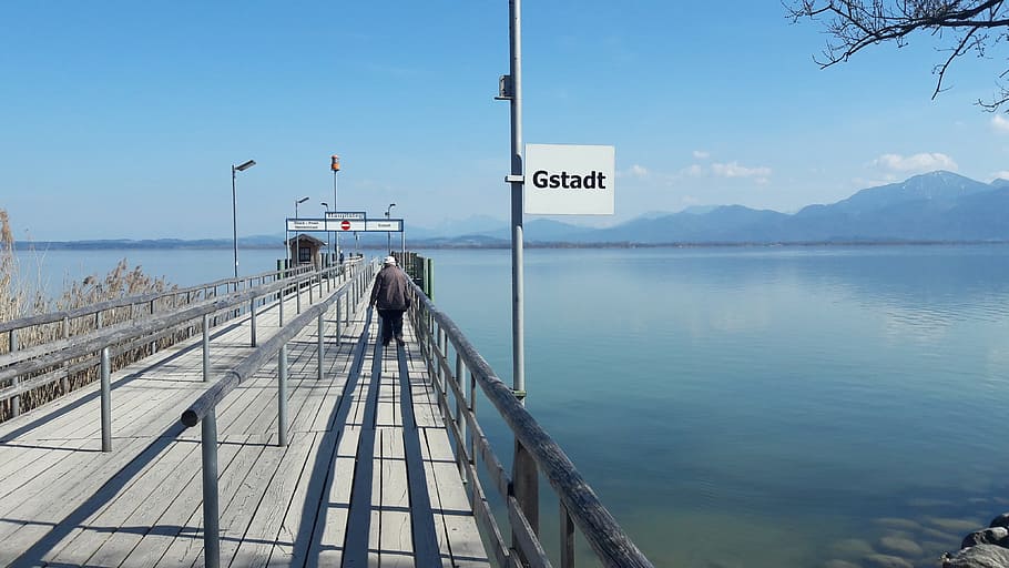 chiemsee, gstaad, jetty, water, sky, transportation, nature HD wallpaper