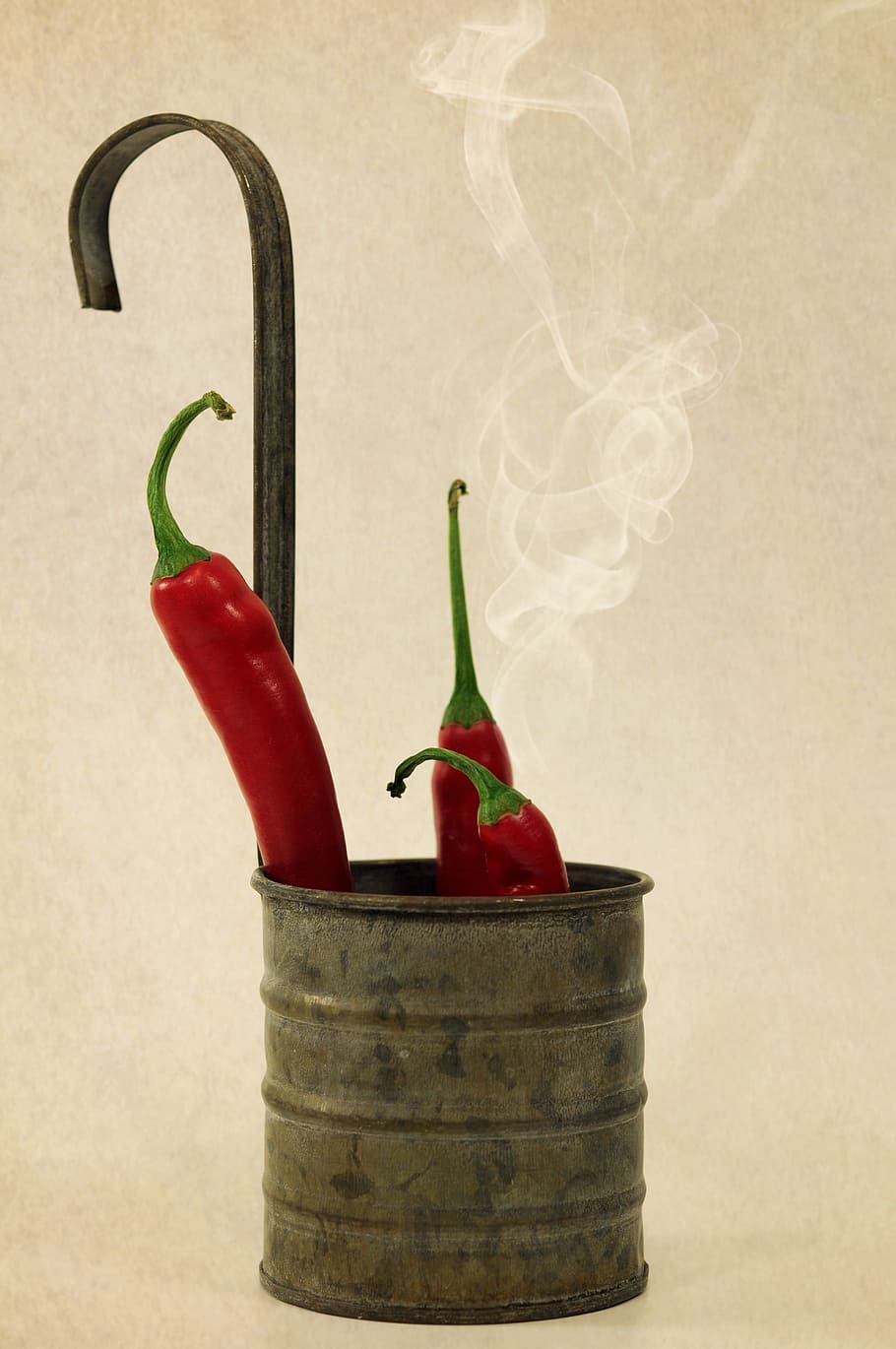 three red chili in gray bucket, still life, kitchen, pepperoni HD wallpaper