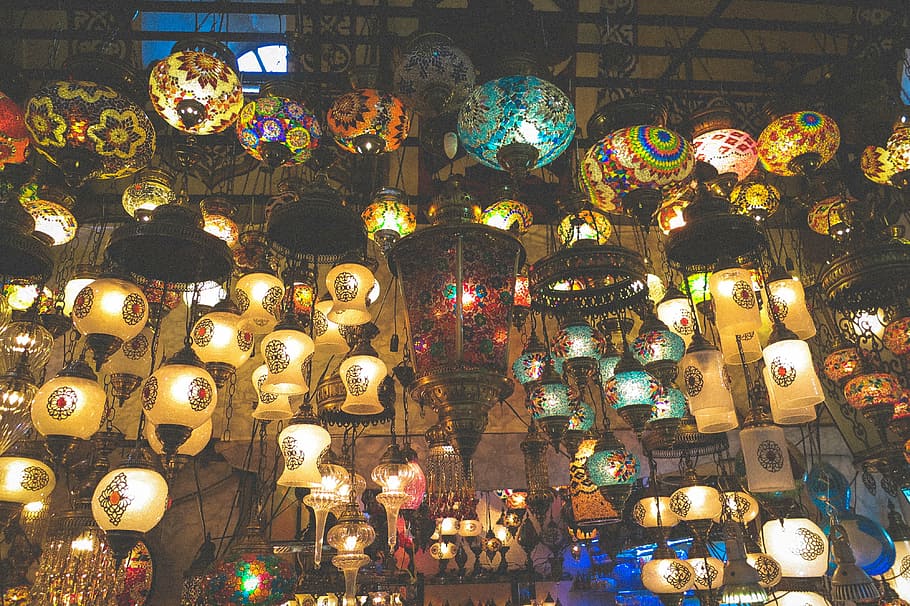 lighted pendant lamps, lights, grand bazaar, shop, market, istanbul, HD wallpaper