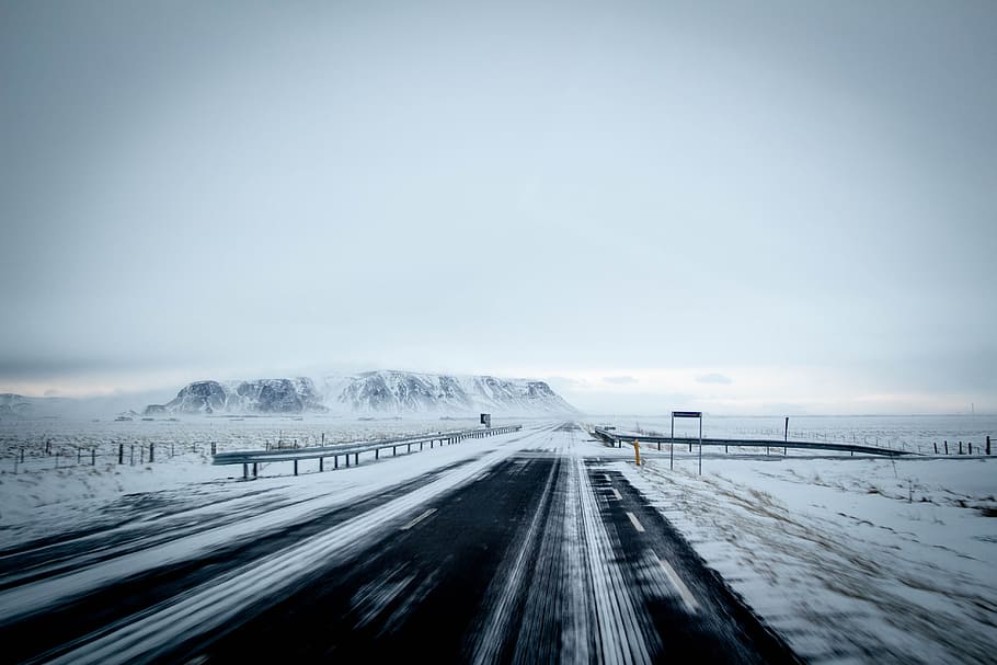road, pavement, snow, field, rural, mountains, sky, fog, landscape HD wallpaper