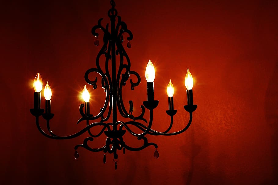 black metal Up light chandelier, lights, light bulbs, interior design, HD wallpaper