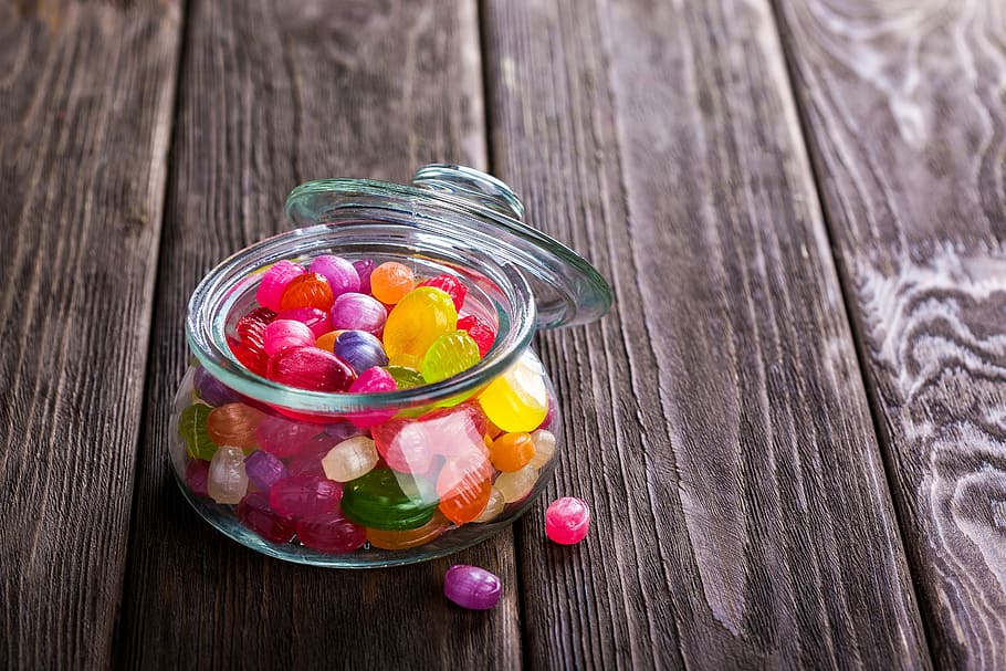 jellies in clear glass container with lid, candy, sweetmeats, HD wallpaper