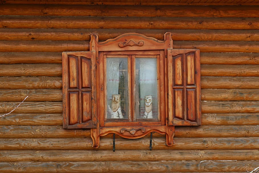 window with brown wooden frame painting, shutters, old house, HD wallpaper
