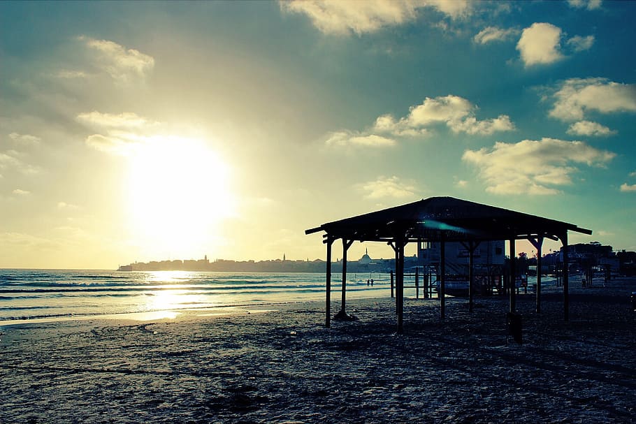 silhouette of gazebo near body of water, black, wooden, hut HD wallpaper