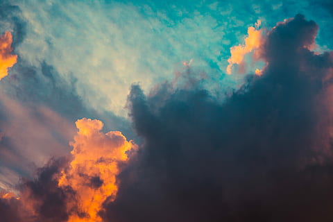 cumulus nimbus cloud, gray, orange, and blue sky at daytime, dark HD wallpaper
