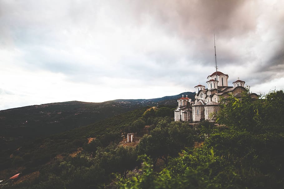 cloudy, sky, mountain, highland, trees, building, church, architecture HD wallpaper