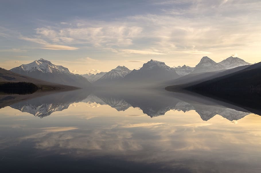 Body of Water Near Mountains, alps, calm waters, clouds, dawn HD wallpaper