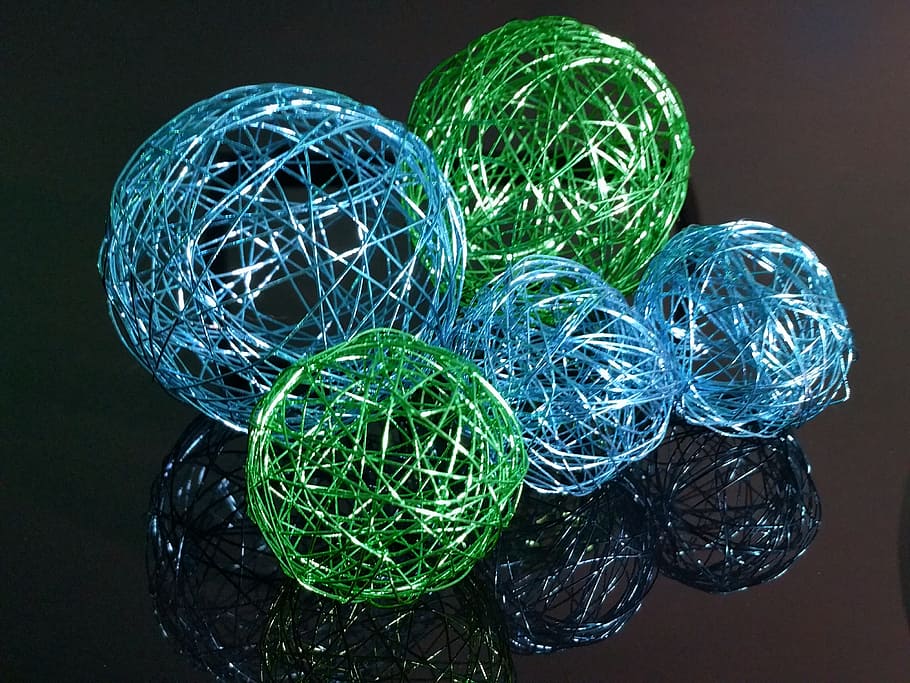 ball, wire, green, light blue, decoration, background, wire mesh HD wallpaper