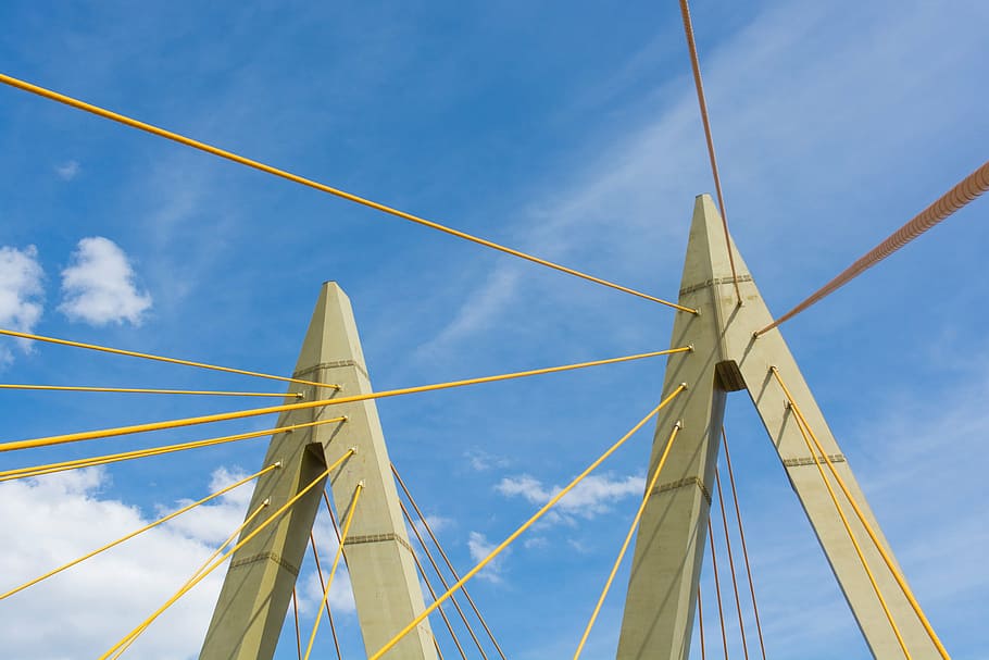 bridge, pylons, millenium, kazan, yellow, blue, sky, blue sky HD wallpaper