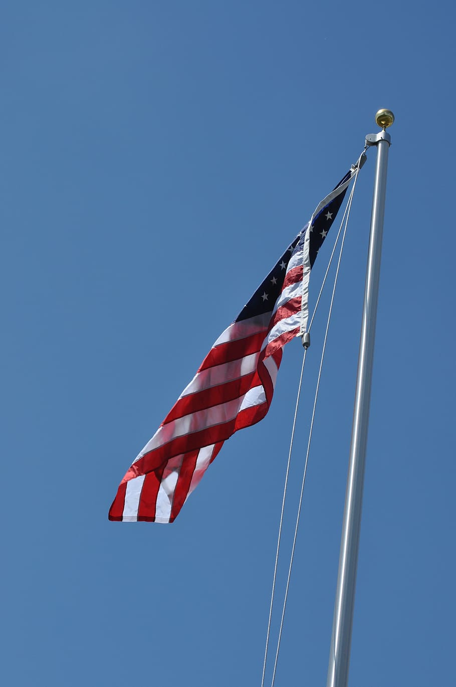 wind, sky, flag, pole, patriotism, blue, clear sky, nature HD wallpaper