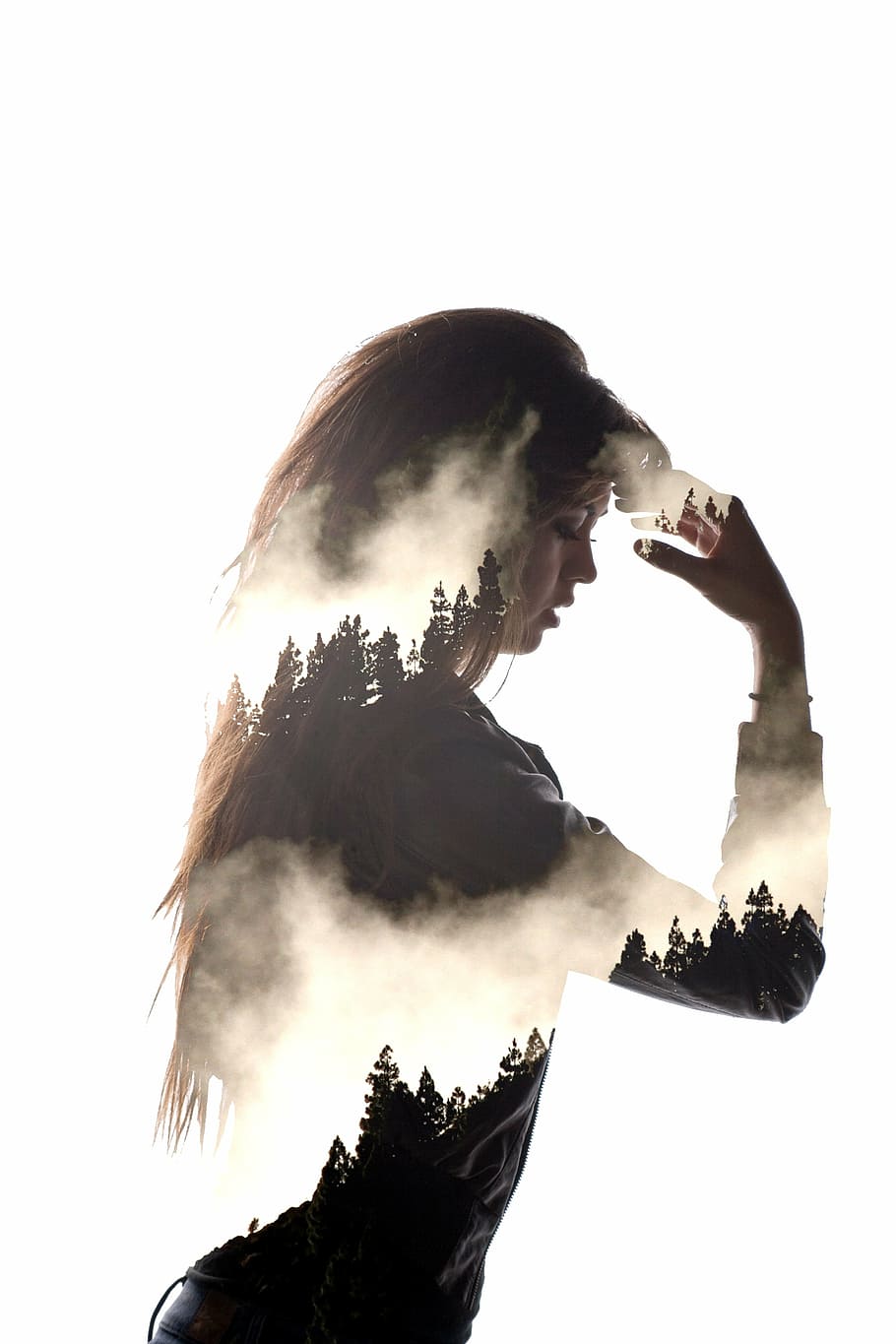 edited photo of woman and pine trees, portrait, creative, double exposure, HD wallpaper