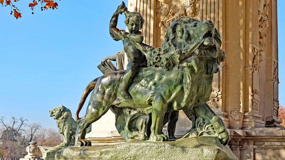 Spain, Madrid, Statue, Park, Garden, child, lion, history, no people HD wallpaper