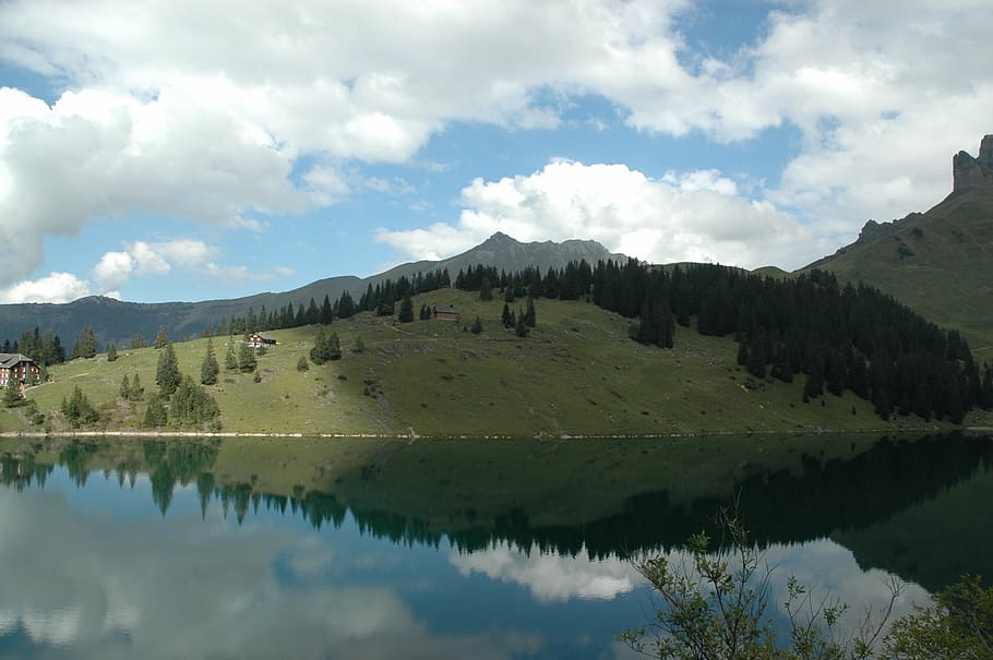 bergsee, alpine lake, mirroring, reflection, clouds, sky, bann alpsee HD wallpaper