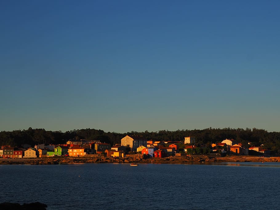 sunset, landscape, sea, galicia, house, colors, port, water HD wallpaper