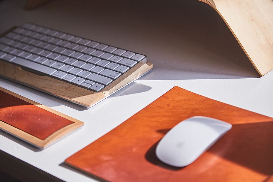apple, mouse, keyboard, table, office, technology, wireless technology HD wallpaper