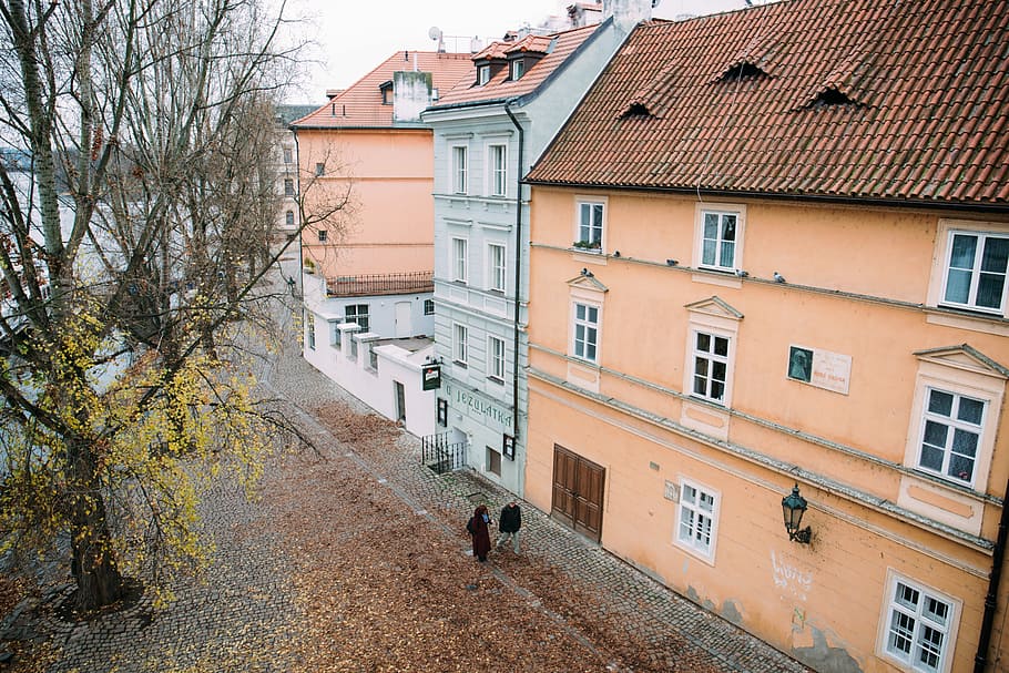 man and woman walking outside the 3-storey house near green tree photo during daytime, two persons walking in front of beige house HD wallpaper